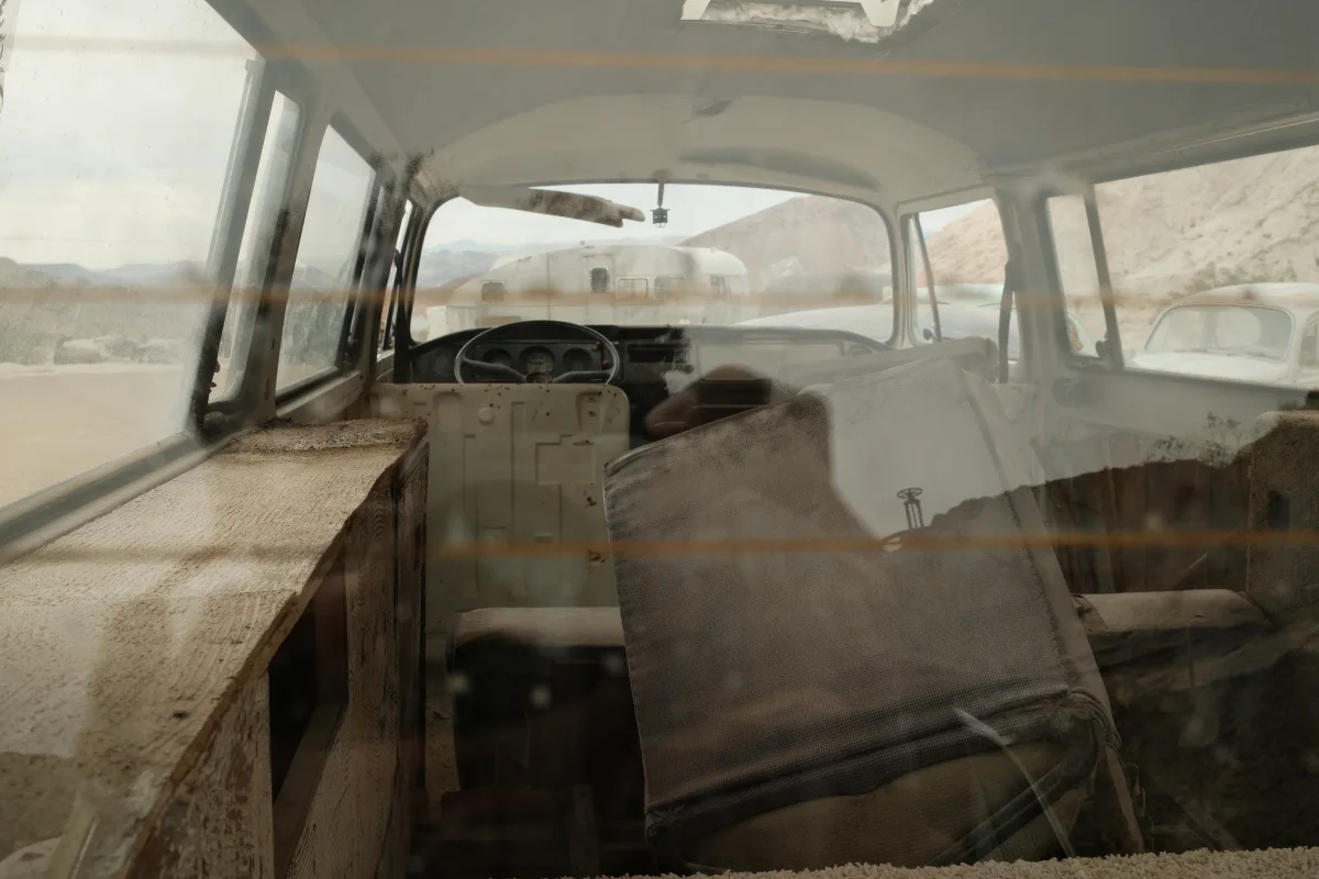 Dusty interior of an abandoned vintage bus at Nelson Ghost Town, Eldorado Canyon, Nevada