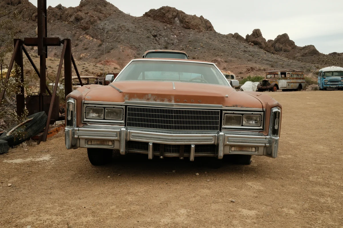 Rusted vintage Cadillac Eldorado in the desert at Nelson Ghost Town, Eldorado Canyon, Nevada
